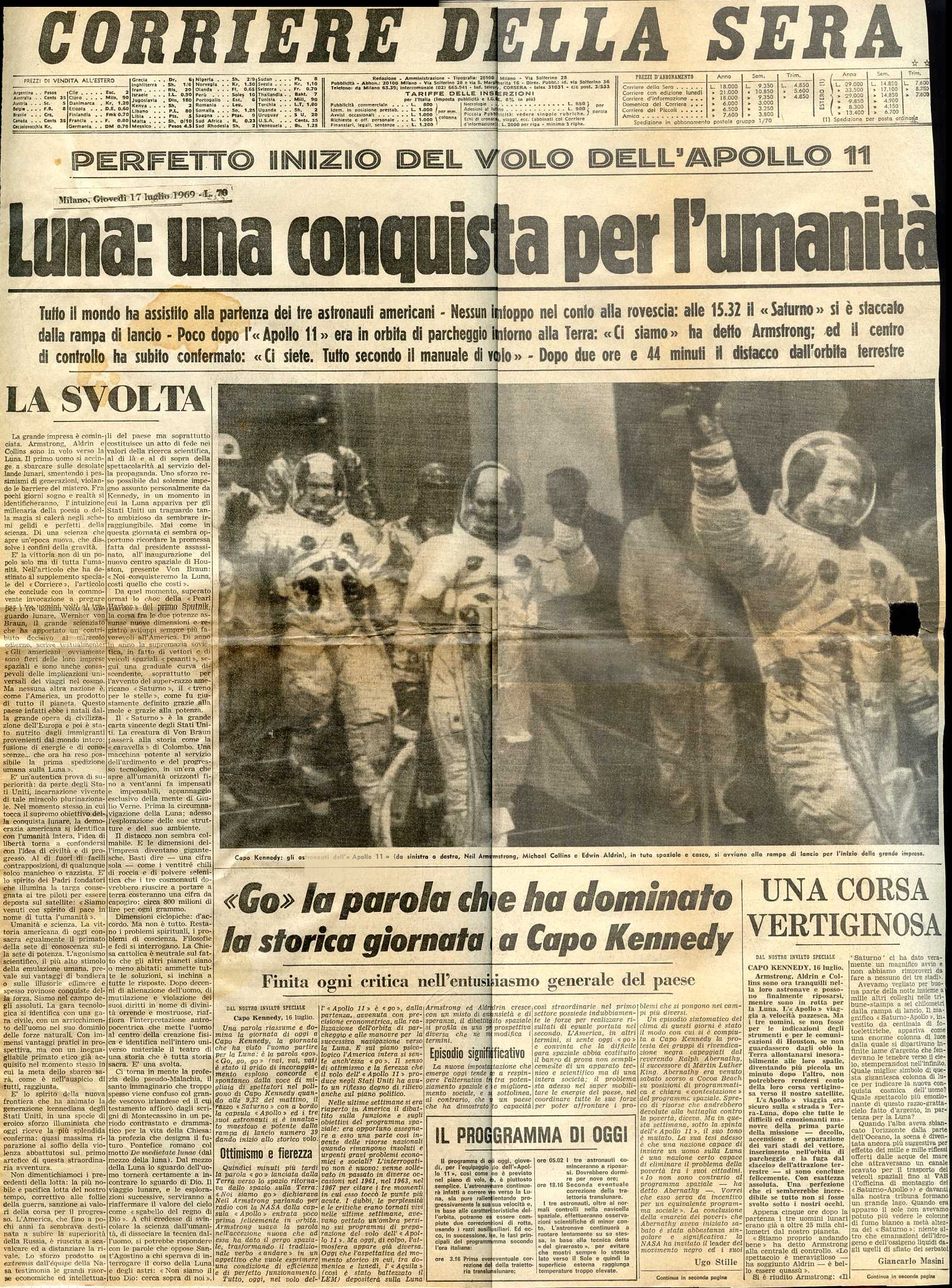 Copertina Correire 17 luglio 1969 (crediti Piero Corubolo)