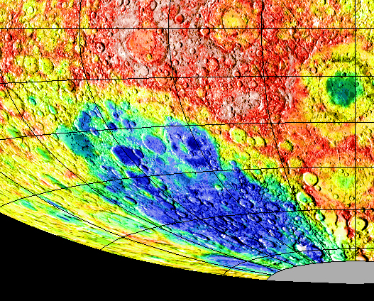 Il bacino di Atkien, al Polo Sud lunare (in blu nell'immagine ) è un enorme cratere d'impatto che si sospetta possa contenere depositi di ghiaccio (crediti: NASA)