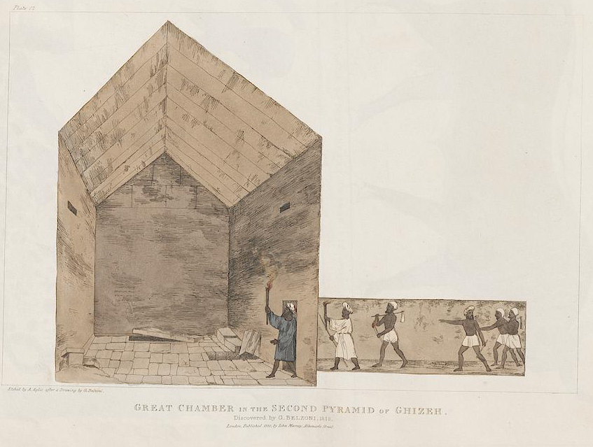 Il disegno della camera maggiore della seconda piramide di Giza realizzato da Agostino Aglio per il volume che raccoglie i diari di Belzoni pubblicati nel 1821