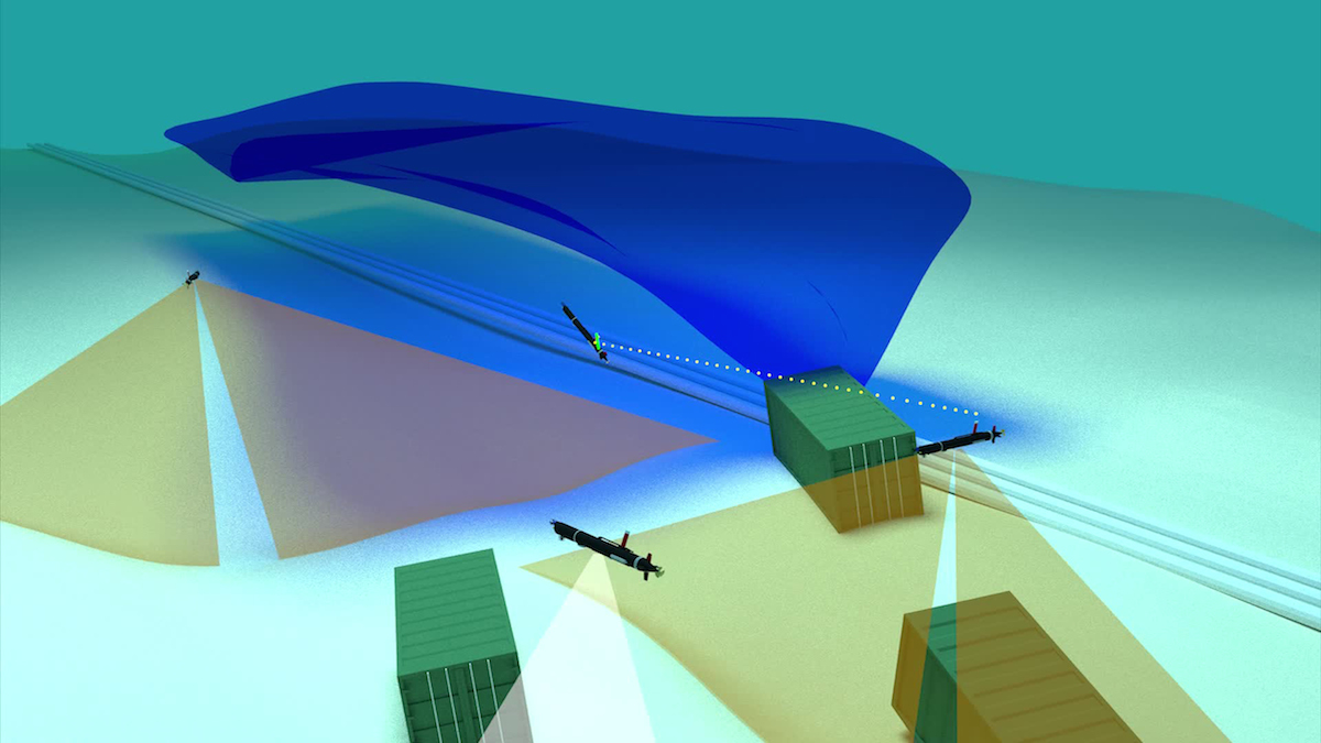 3D reconstruction of a possible task to be assigned to LAUV's. This scenario showing the loan dropping from a ship