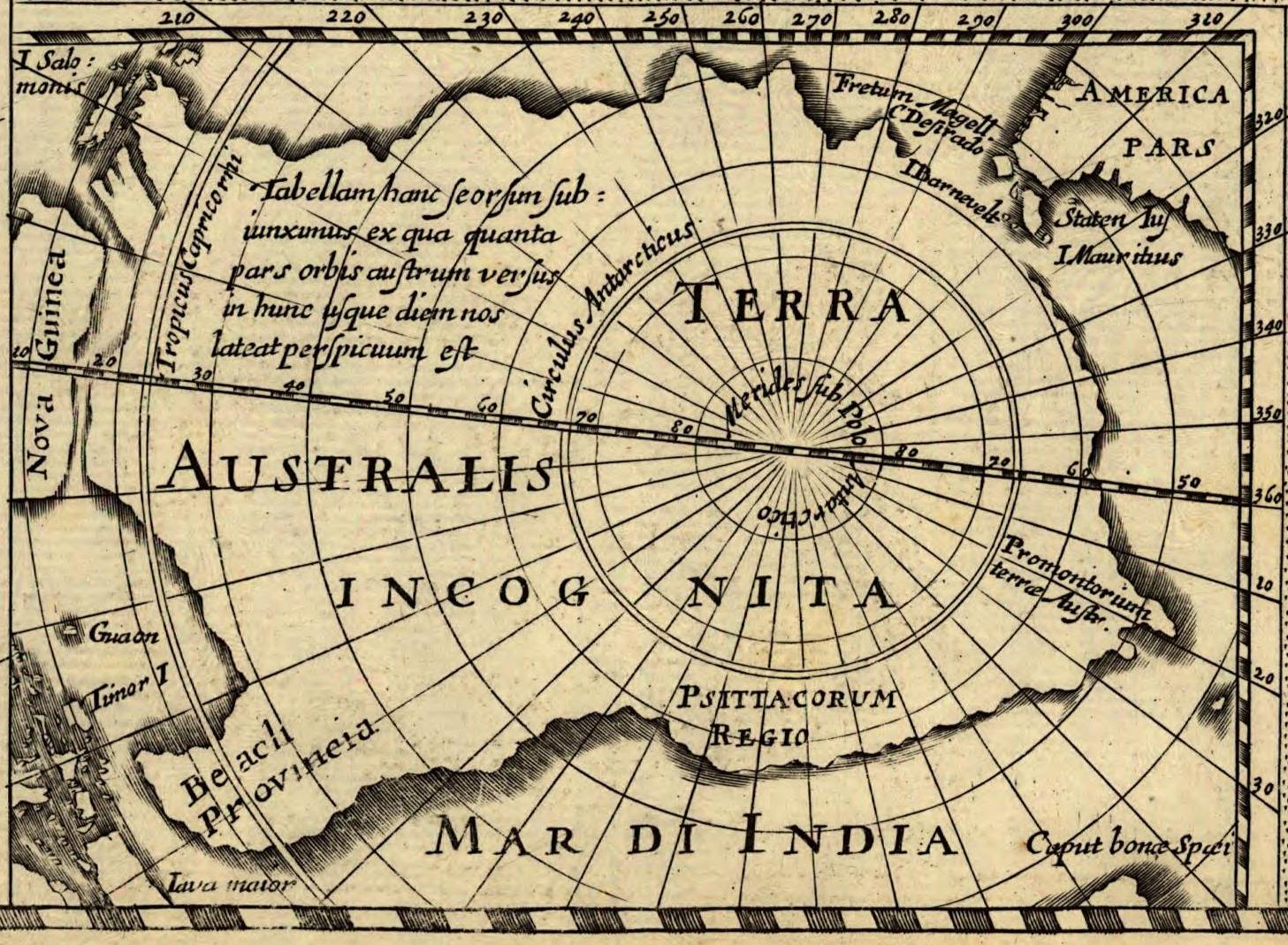 TERRA AUSTRALIS INCOGNITA, Hondius, 1618, pars tabulam AMERICA noviter delineata, auct. Jodoco Hondio, 1618; H. Picard fecit [1640].